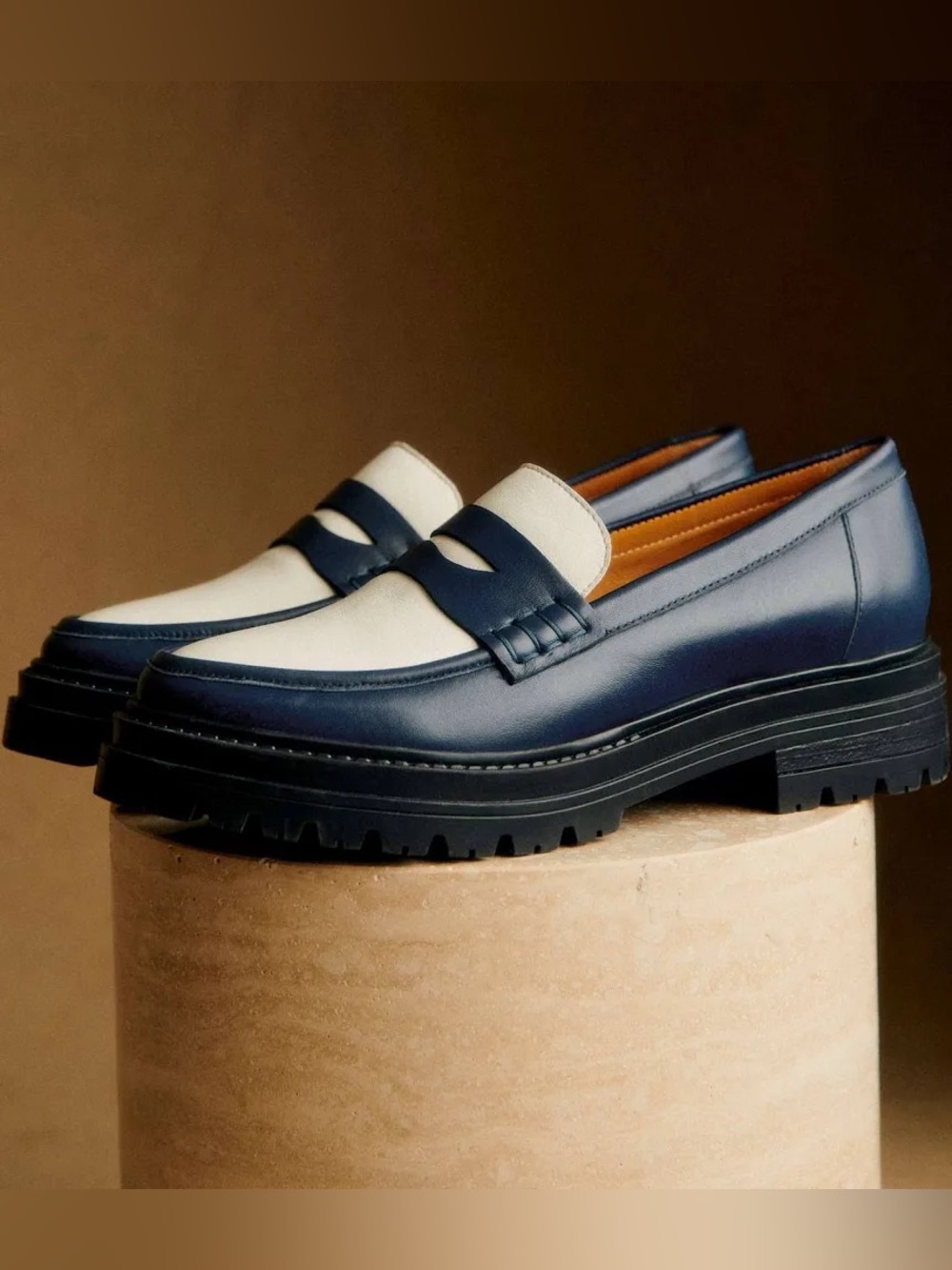 Sezane Two-Tone Penny Loafers in Navy and Cream